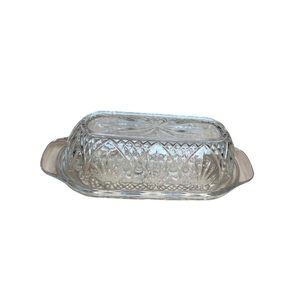 Vintage Clear Pressed Glass Butter Dish w/Lid Starburst Diamond Pattern USA MCM